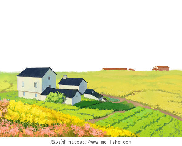 绿色手绘卡通美丽乡村房屋田野风景元素PNG素材